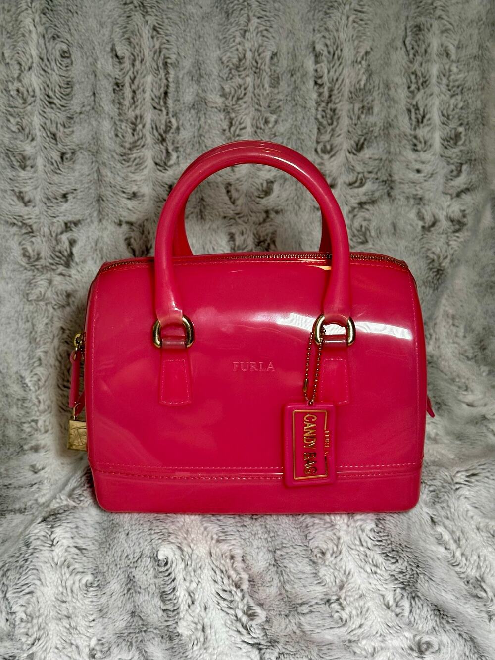 Furla Candy Bag Medium Pink Rodonite Fluo Rubber Jelly Satchel Italy